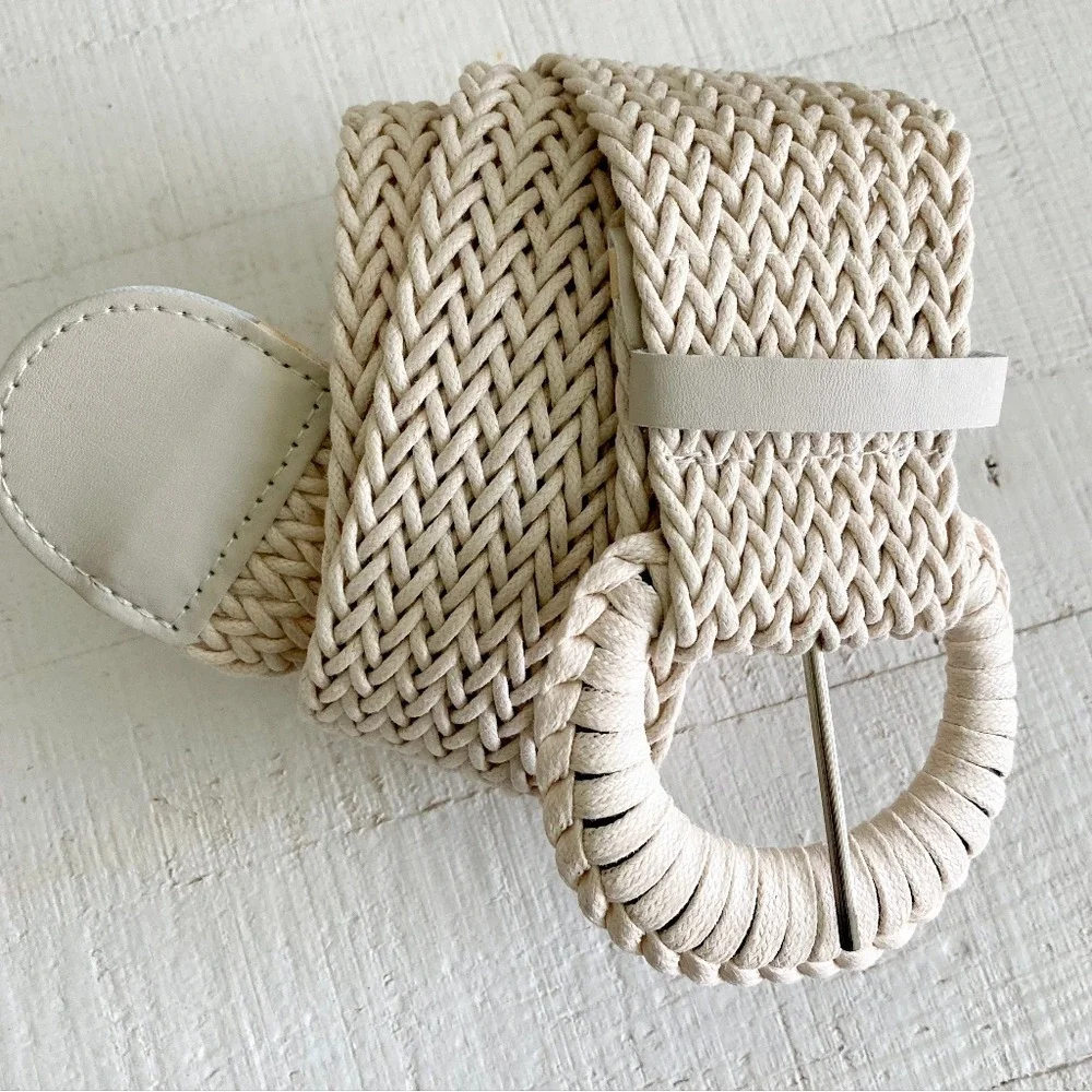 Natural Woven Faux Straw Wide Waist Belt Chunky Round Buckle Cottage Boho summer